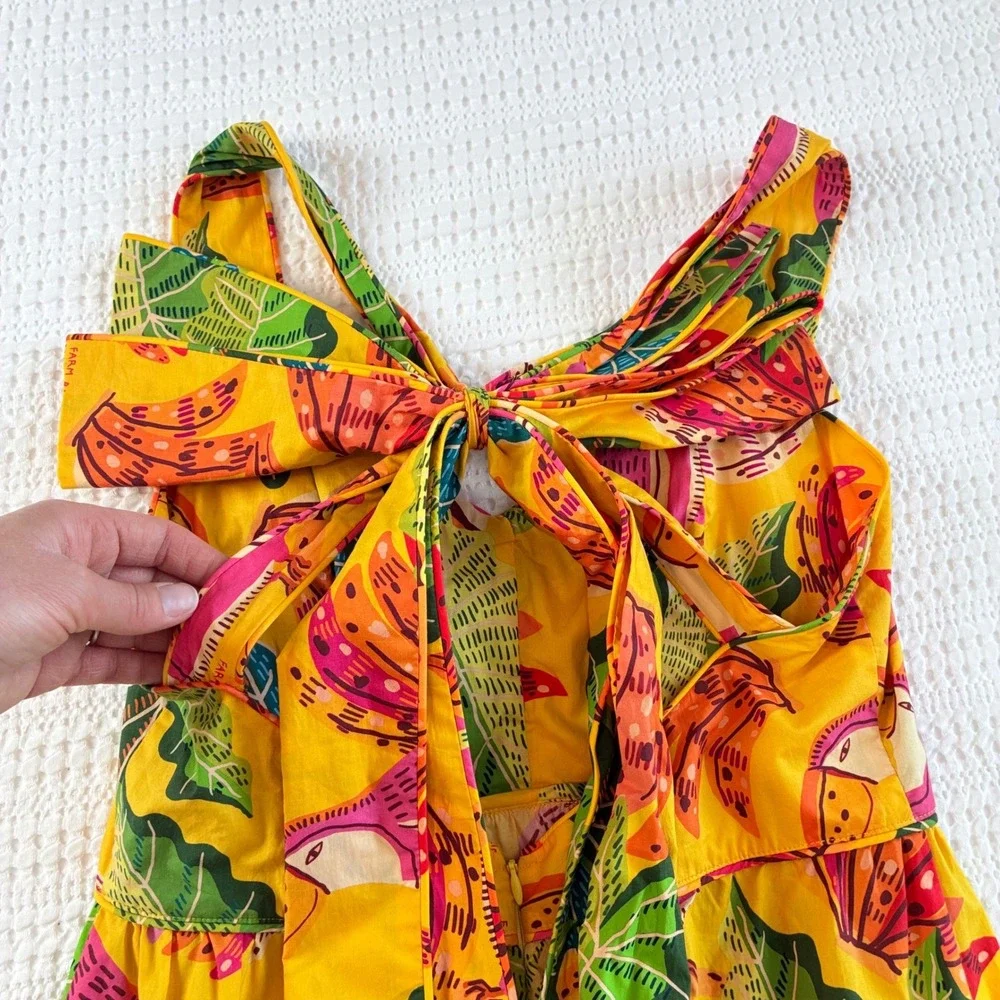 Farm Rio Yellow Tropical Toucan Banana Print Tiered Tie Back Maxi Dress Cotton